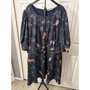Wayward Fancies eShakti MIDI Dress 3X Blue Owl Deer Print Fit Flare Plus Sz
